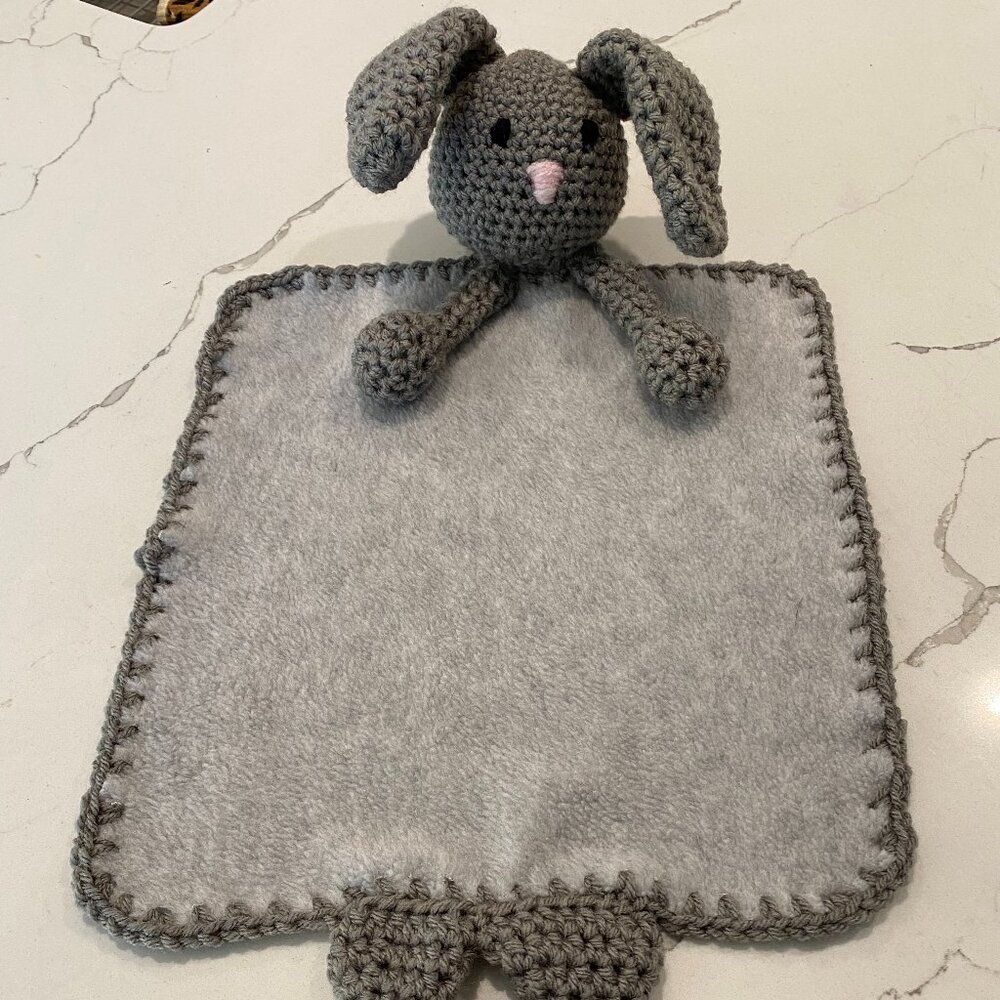 Handmade Crochet Amigurumi Gray Bunny Fleece Blanket Lovey Snuggler Stuffed Toy